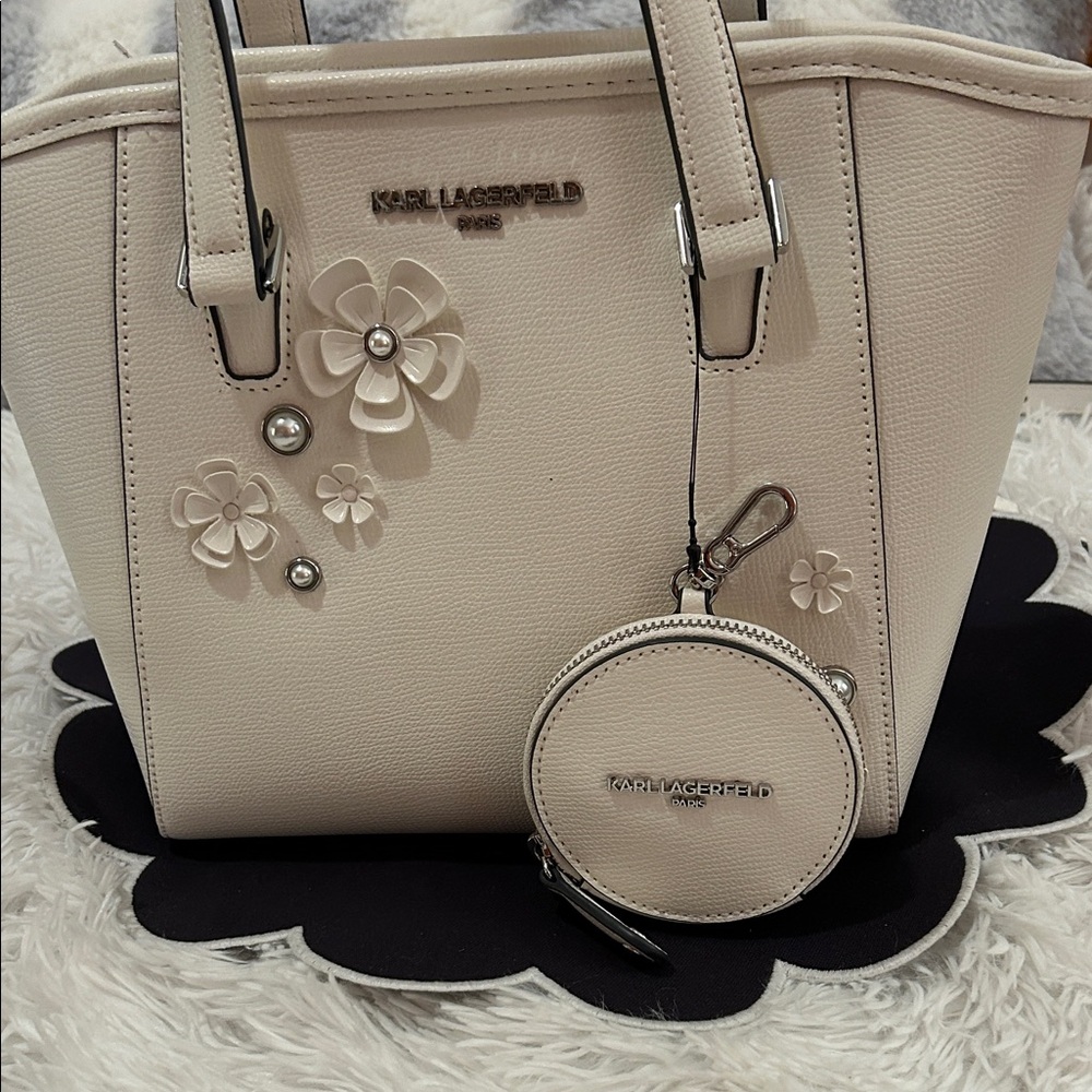 Karl Lagerfeld Winter WhiteTote with Floral Accents   NWT